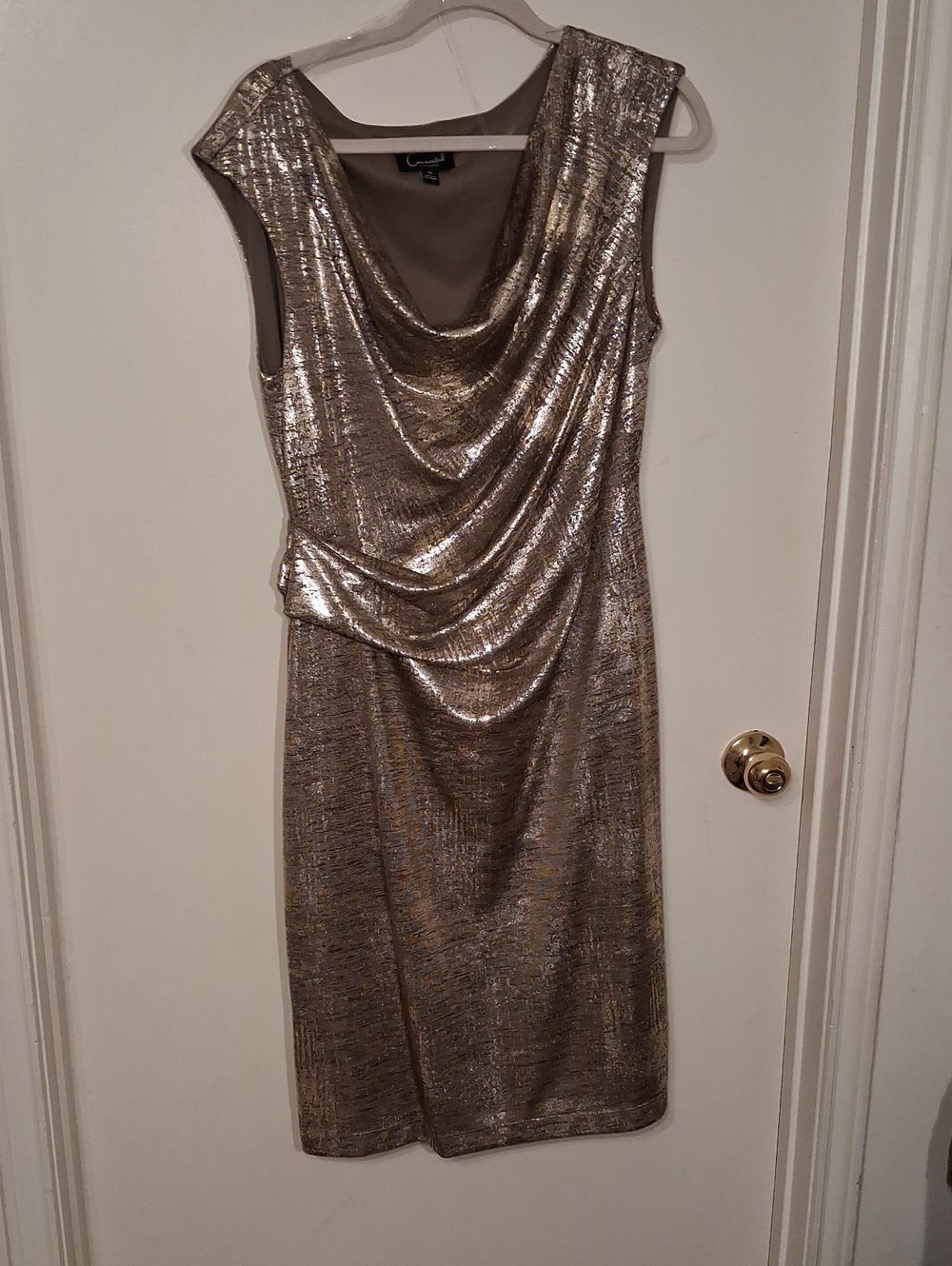 connected apparel Metallic Gold Draped Midi Dress